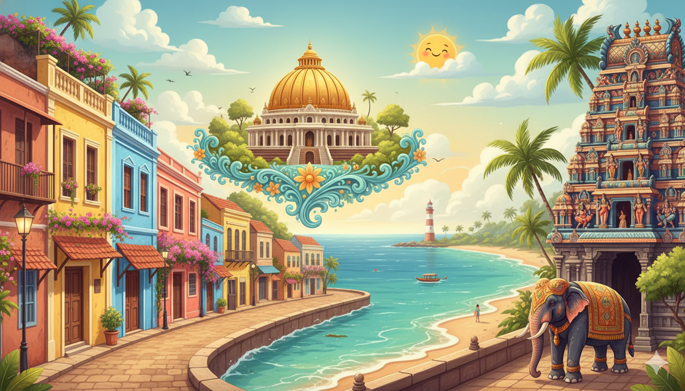 A vibrant collage of Pondicherry's best landmarks.