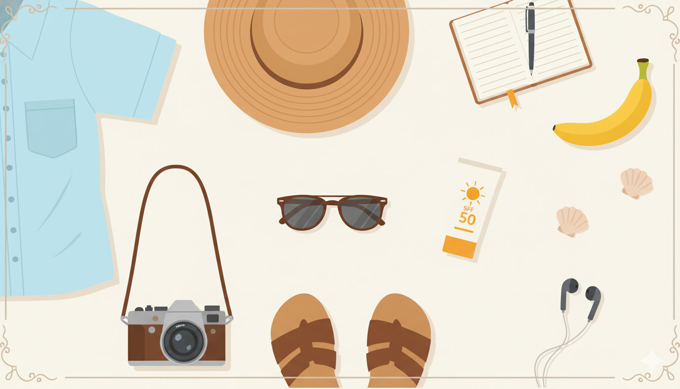 A flat-lay of essential items to pack for a Pondicherry trip.