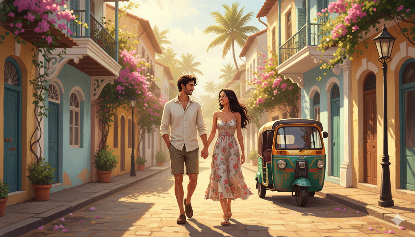 A couple enjoying a walk in Pondicherry's French Quarter.